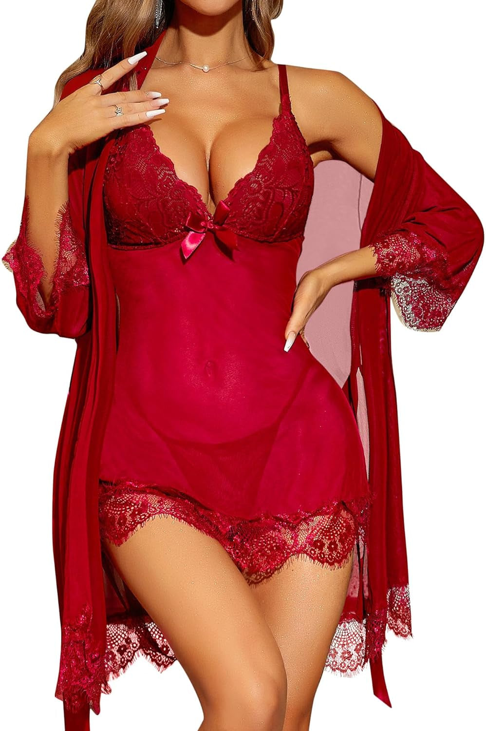 Sexy Lingerie for Women Lace Babydoll with Robe Nightdress Sleepwear