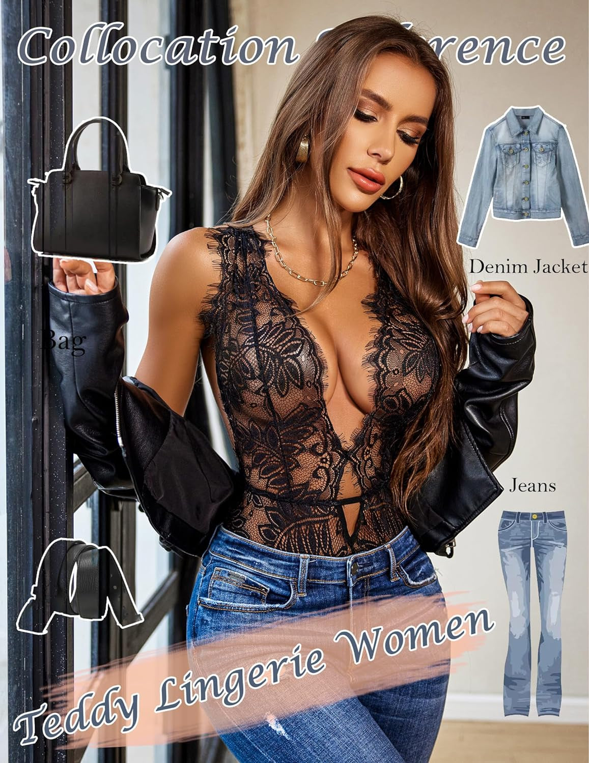 Women One Piece Lingerie Lace Bodysuit Deep V Teddy Mini Babydoll