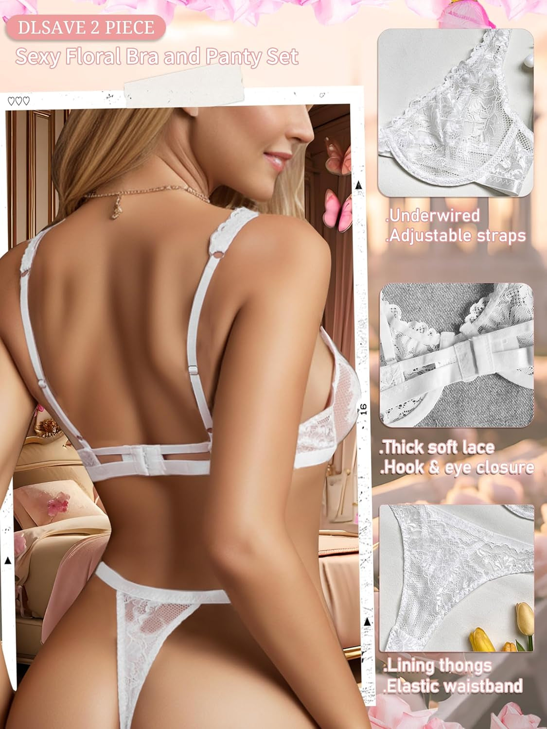 Women Sexy Lace Lingerie Set Floral Underwired Bra and Panty Sets 2 Piece