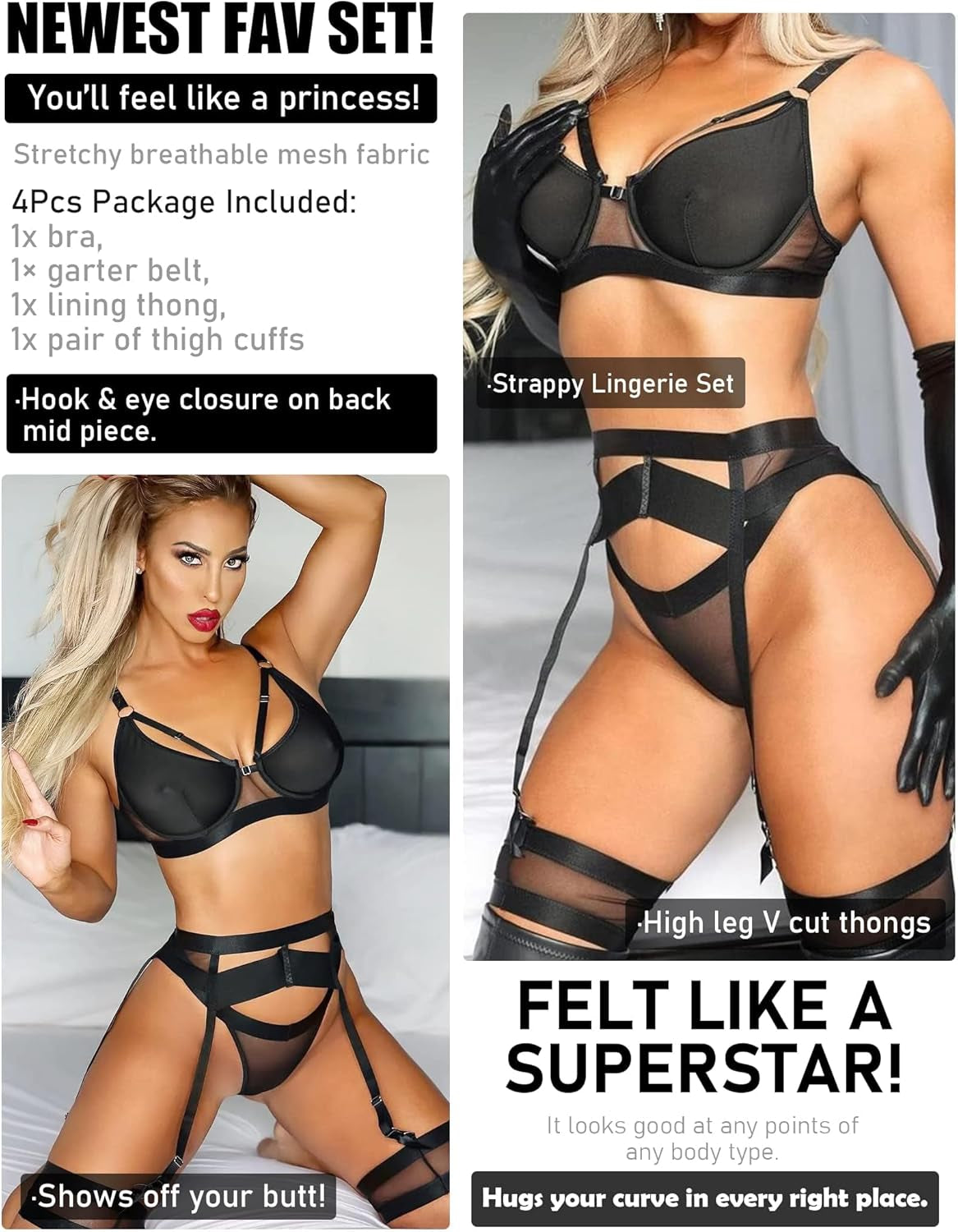 Sexy Lingerie Set for Women 4 Piece Bra and Panty Set with Garter Belt Strappy Lingerie Set with Thigh Cuffs