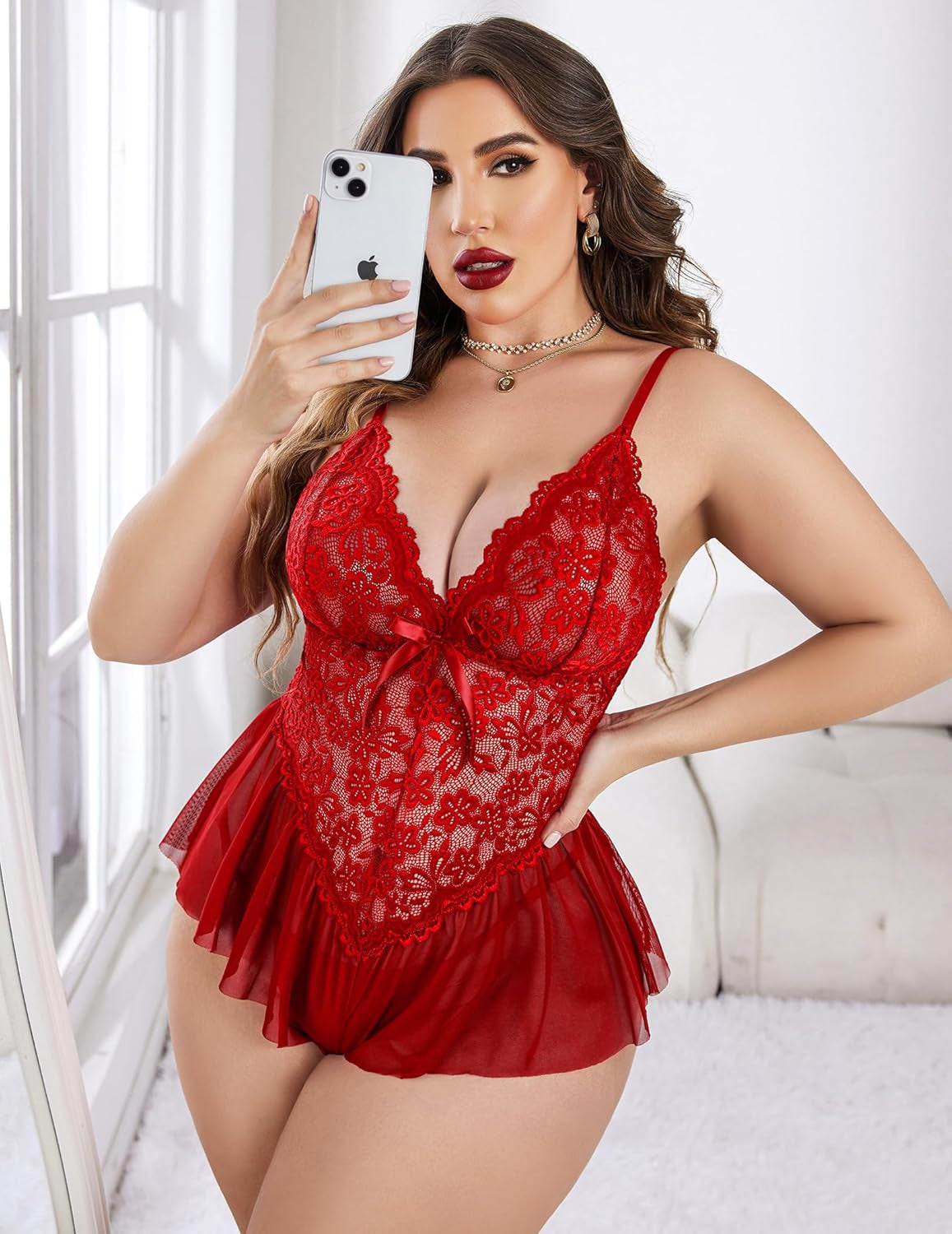 plus Size Lingerie for Women Lace Bodysuit One Piece Teddy Babydoll Mesh Chemise V Neck Sleepwear L-5XL