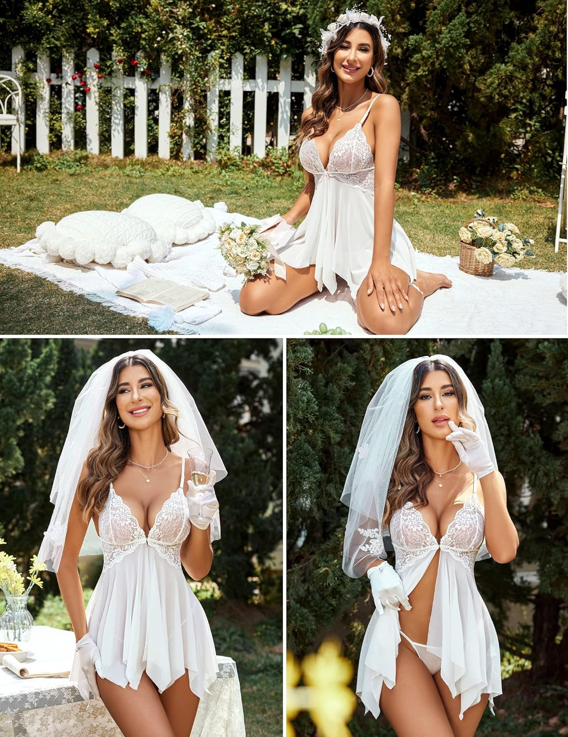 Women Lace Lingerie Front Closure Babydoll V Neck Nightwear Sexy Chemise Nightie