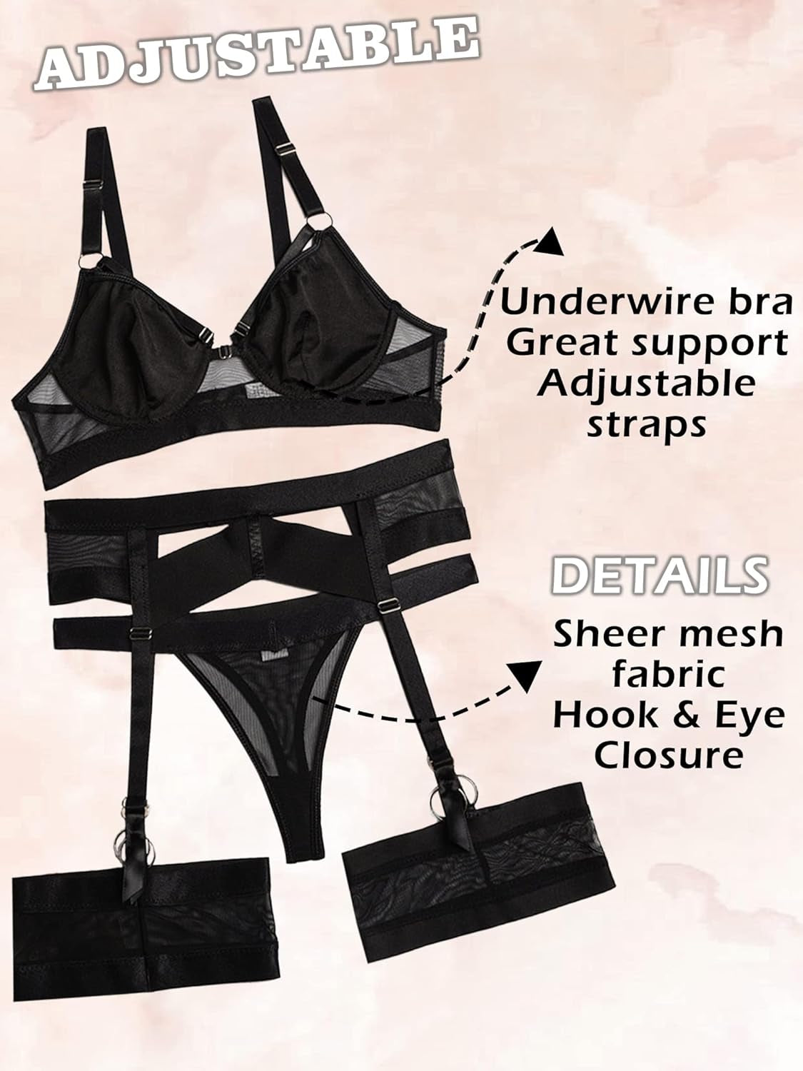 Sexy Lingerie Set for Women 4 Piece Bra and Panty Set with Garter Belt Strappy Lingerie Set with Thigh Cuffs