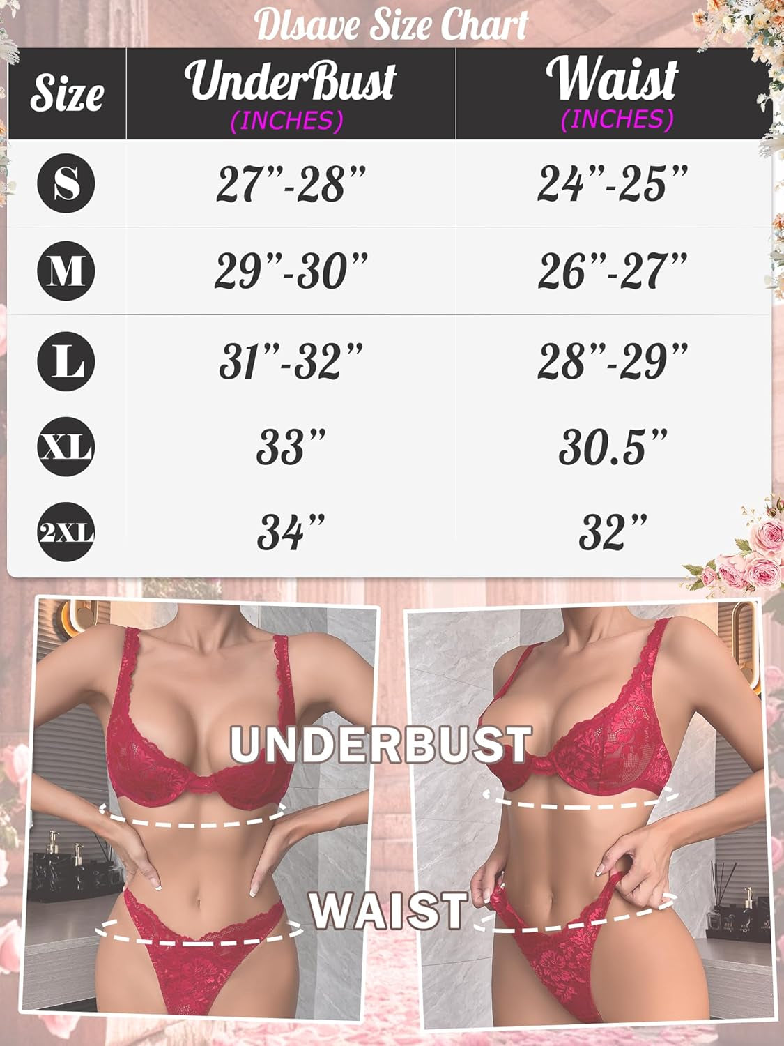 Women Sexy Lace Lingerie Set Floral Underwired Bra and Panty Sets 2 Piece