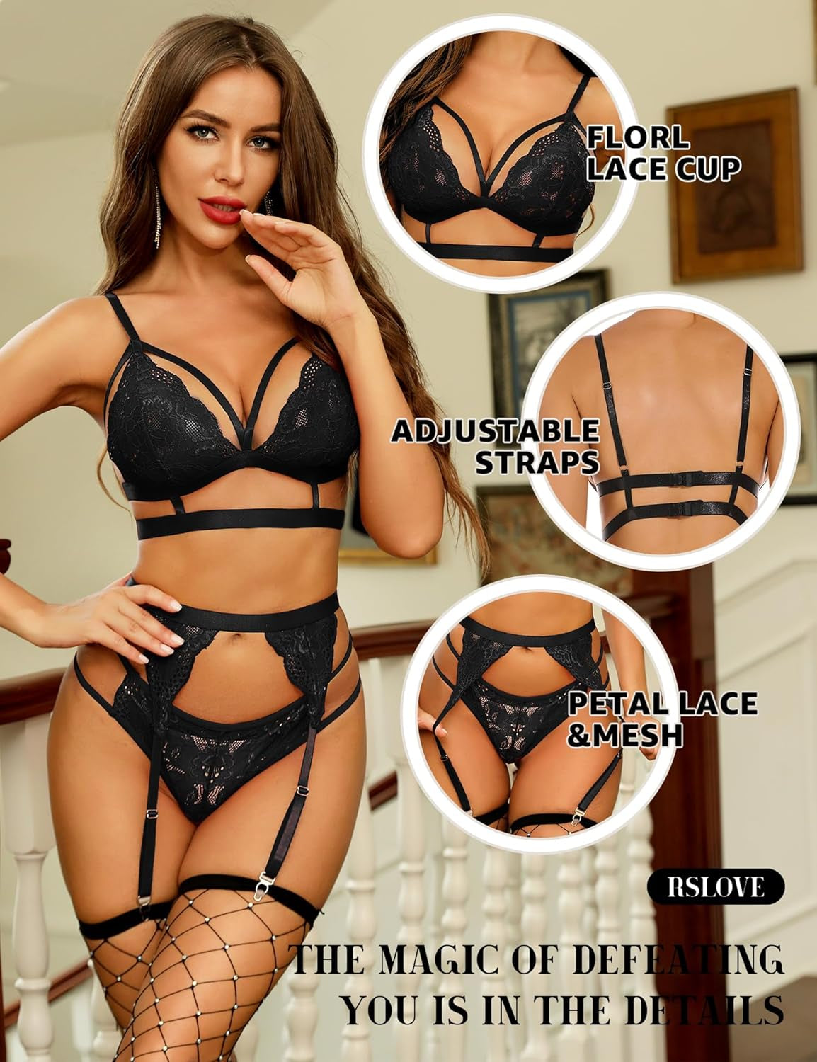 Sexy Lingerie for Women Floral Lace Bra and Panty Set 3 Pieces Bra Set with Garter Belt