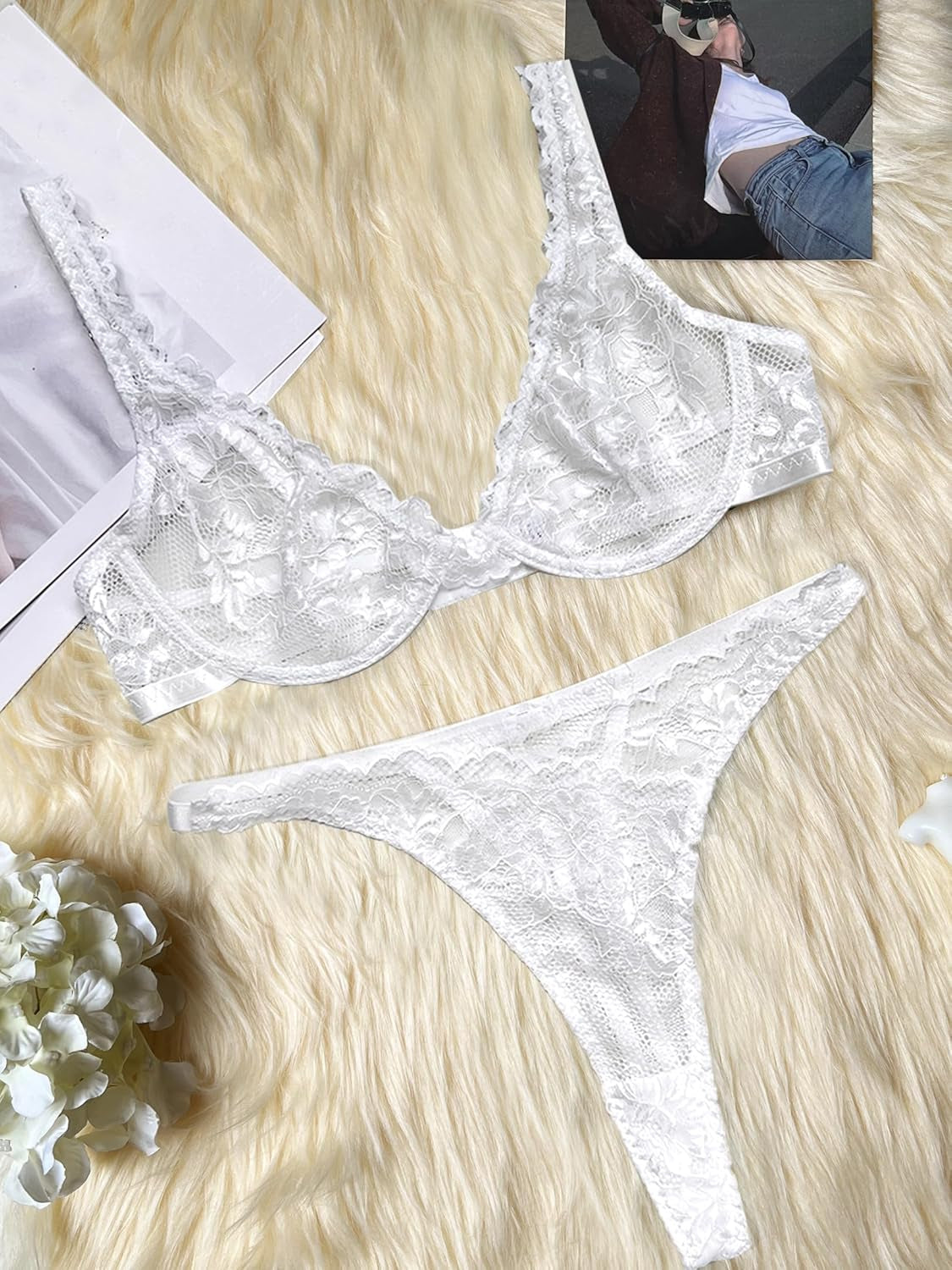 Women Sexy Lace Lingerie Set Floral Underwired Bra and Panty Sets 2 Piece