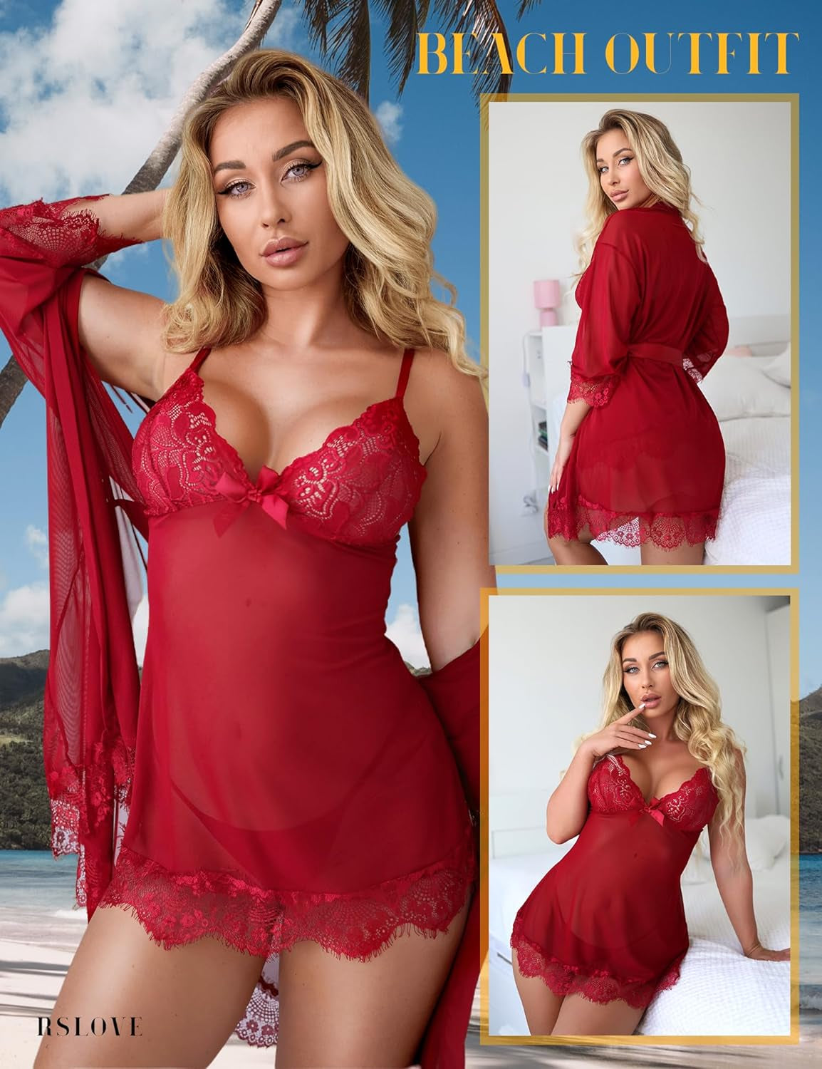Sexy Lingerie for Women Lace Babydoll with Robe Nightdress Sleepwear