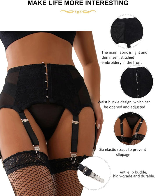 Women Stretchy Lace Suspender Belt Mesh Garter plus Size Lingerie Set with 6 Wide Straps Metal Clip for Stockings (G-String Included)