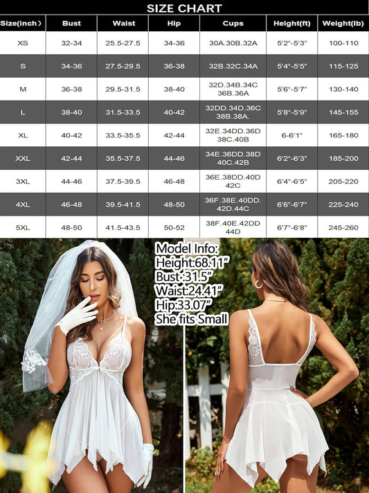 Women Lace Lingerie Front Closure Babydoll V Neck Nightwear Sexy Chemise Nightie