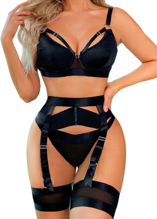 Sexy Lingerie Set for Women 4 Piece Bra and Panty Set with Garter Belt Strappy Lingerie Set with Thigh Cuffs