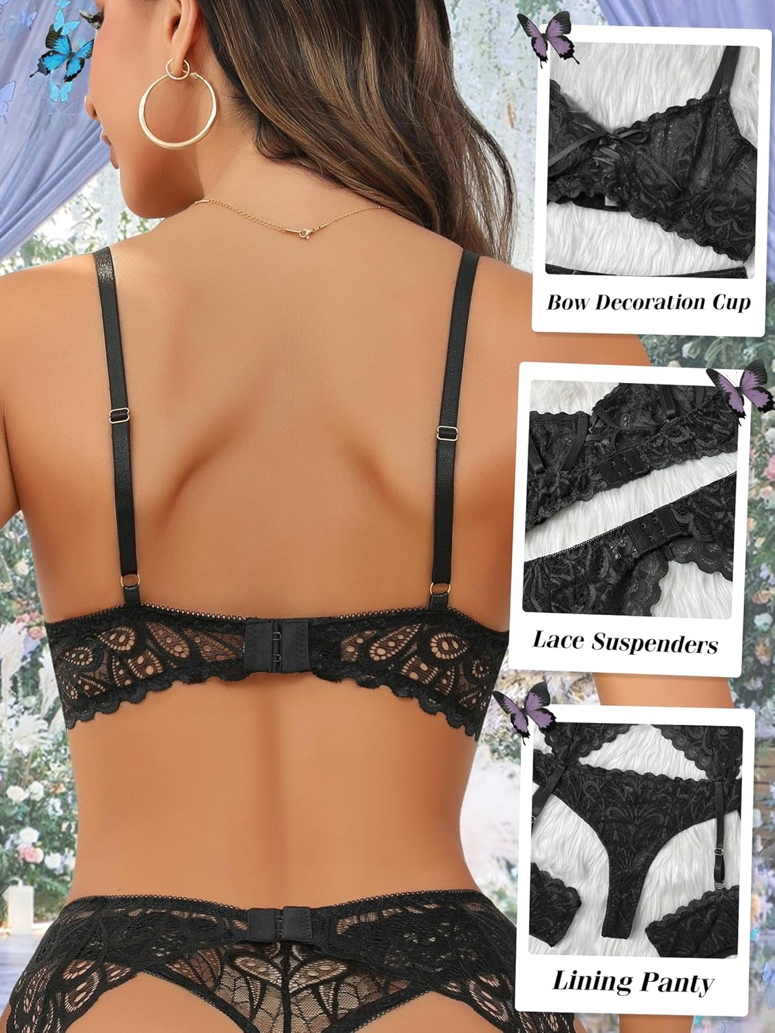 Sexy Lingerie for Women,3 Piece Lace Lingerie Set Bra and Panty Sets with Garter Belt Babydoll Teddy Lingerie
