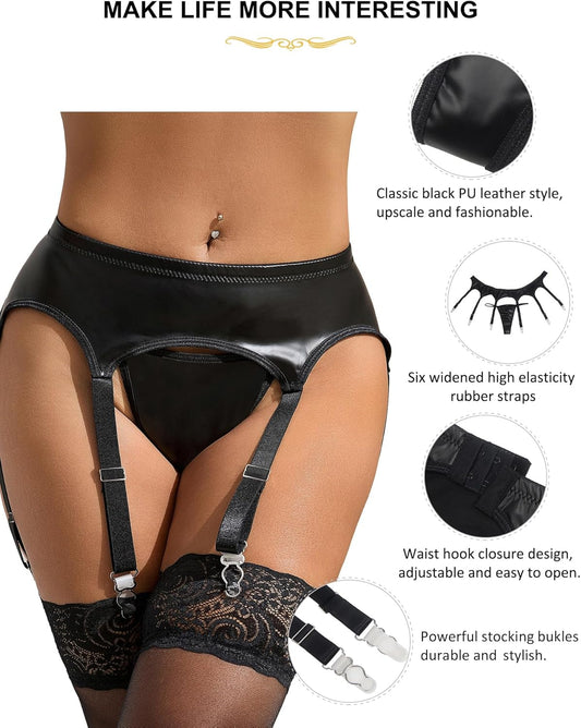 6 Strap Suspender Belt High Vintage Waisted Garter Belt plus Size Lingerie Set with G-String for Thigh High Stockings