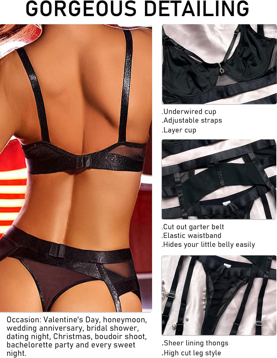 Sexy Lingerie Set for Women 4 Piece Bra and Panty Set with Garter Belt Strappy Lingerie Set with Thigh Cuffs