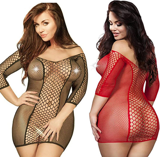 2 Pack plus Size Women'S Seamless Fishnet Chemise Sexy Lingerie Mesh Hole Full Length Sleeves Babydoll